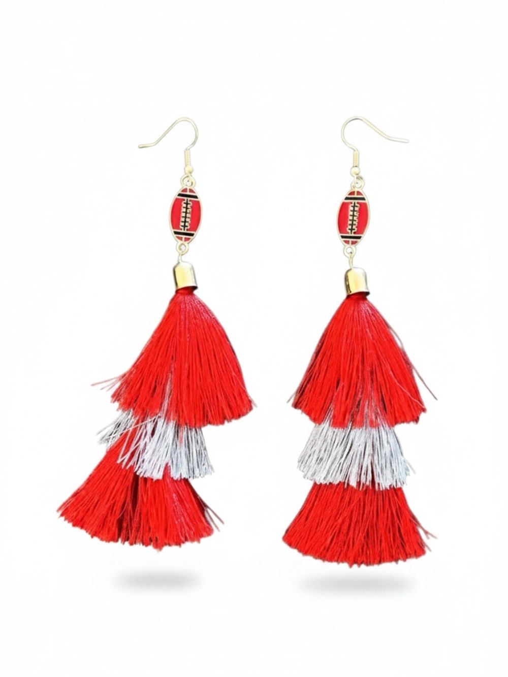 Enamel Football & Red Gray Tassel Game Day Ohio State Buckeyes 4.5" Earrings